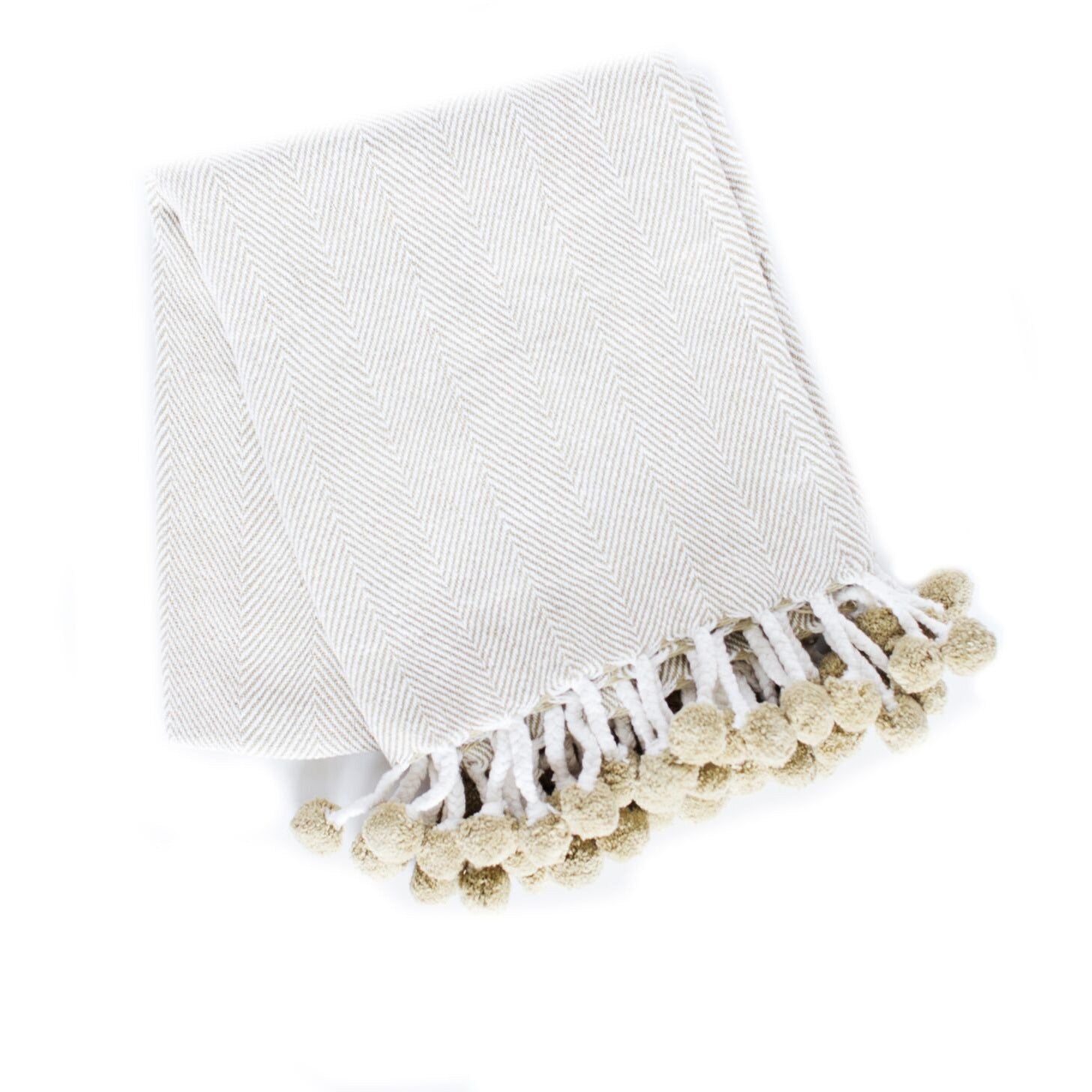 Herringbone PomPom Throw - Soft Sage